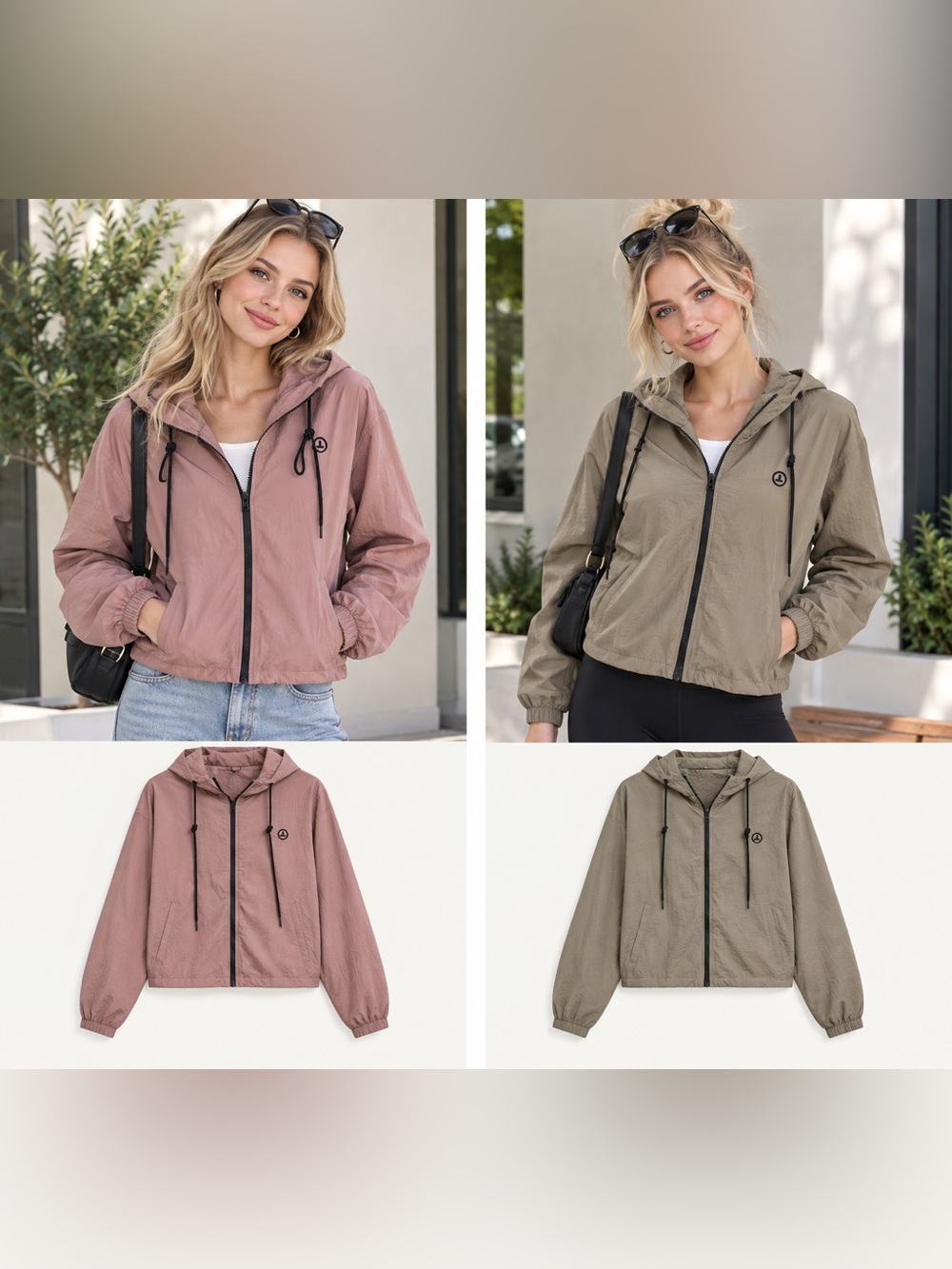Lightweight Hooded Windbreaker Jacket - Pink / Taupe